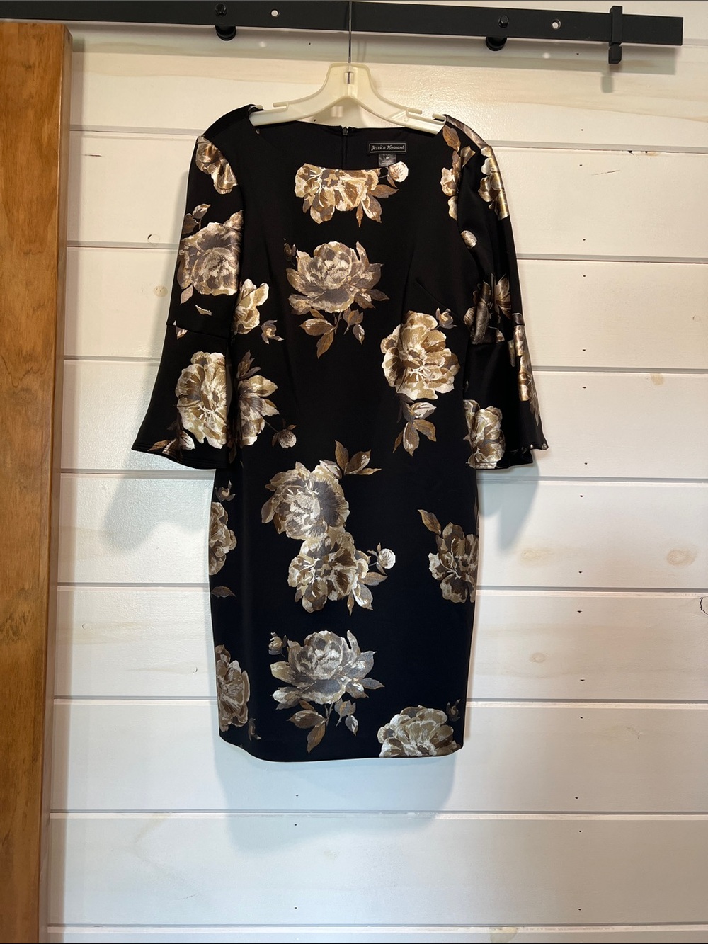 Black Floral Sheath Dress with Gold & Silver Accents